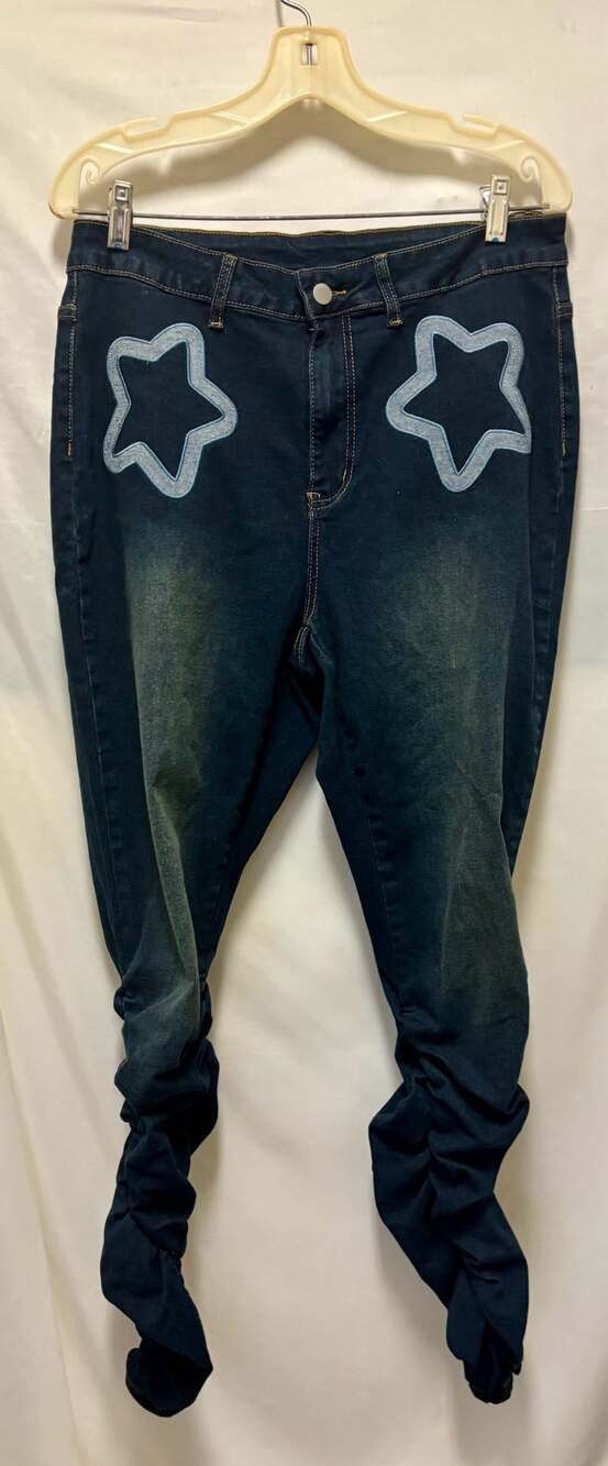 SHEIN Curve Dark Wash Star Patch Ruched Stacked Jeans 1XL NWOT